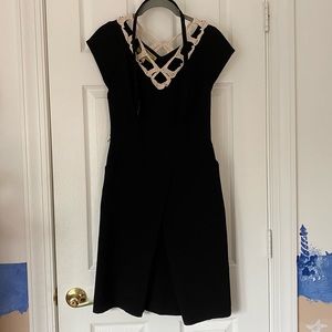 Black belted dress with embroidered lace neckline and POCKETS - size 5